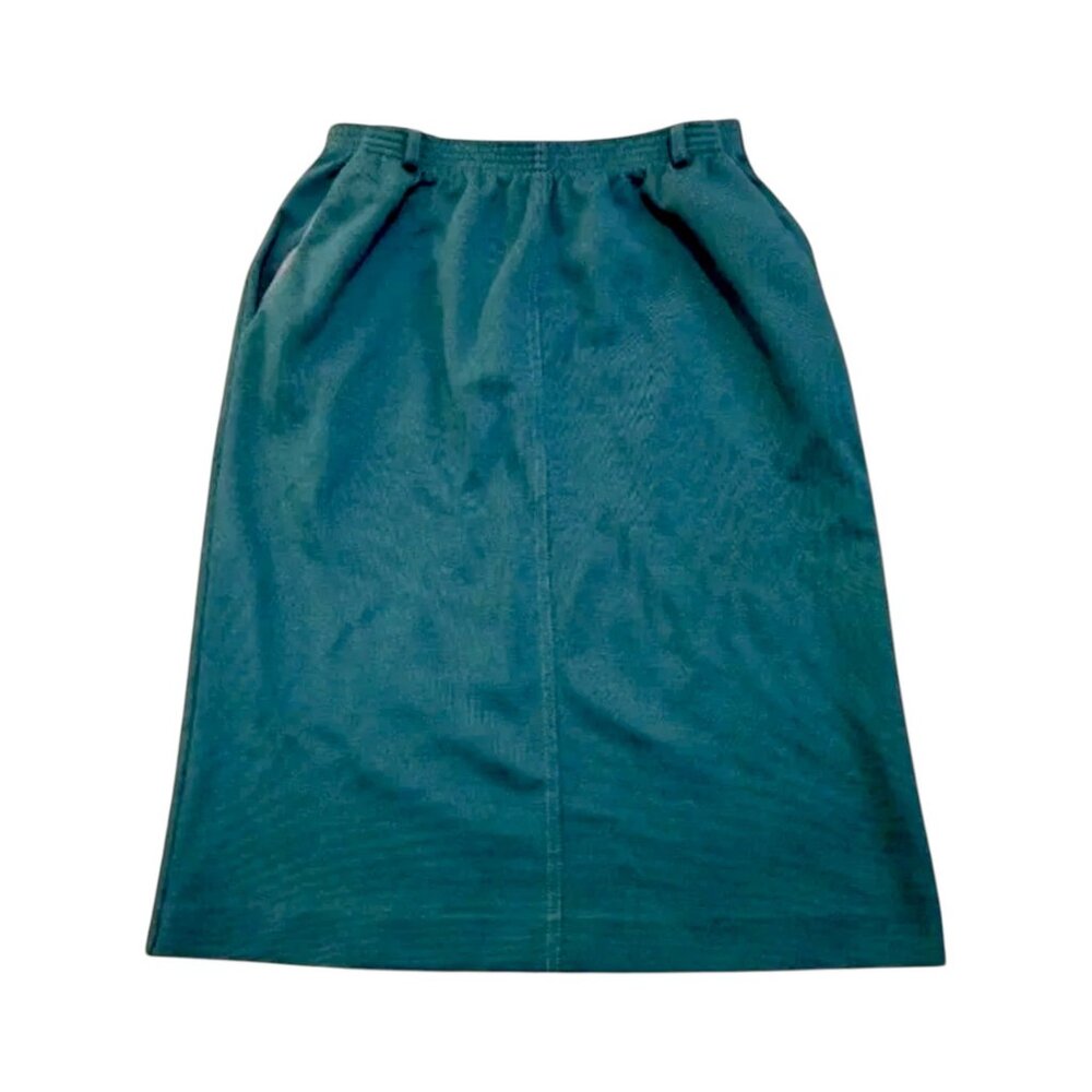 Vintage Green A-Line Midi Skirt Size 16 Elastic Waist Pockets Alfred Dunner